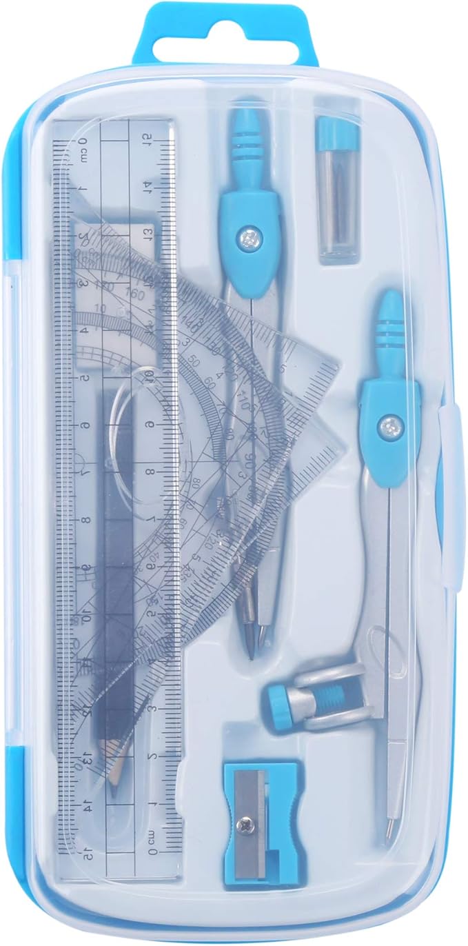 Math Geometry Kit Sets 10 Piece Student Supplies with Shatterproof Storage Box,Includes Rulers,Protractor,Compass,Eraser,Pencil Sharpener,Lead Refills,Pencil,for Drafting and Drawings(Blue)