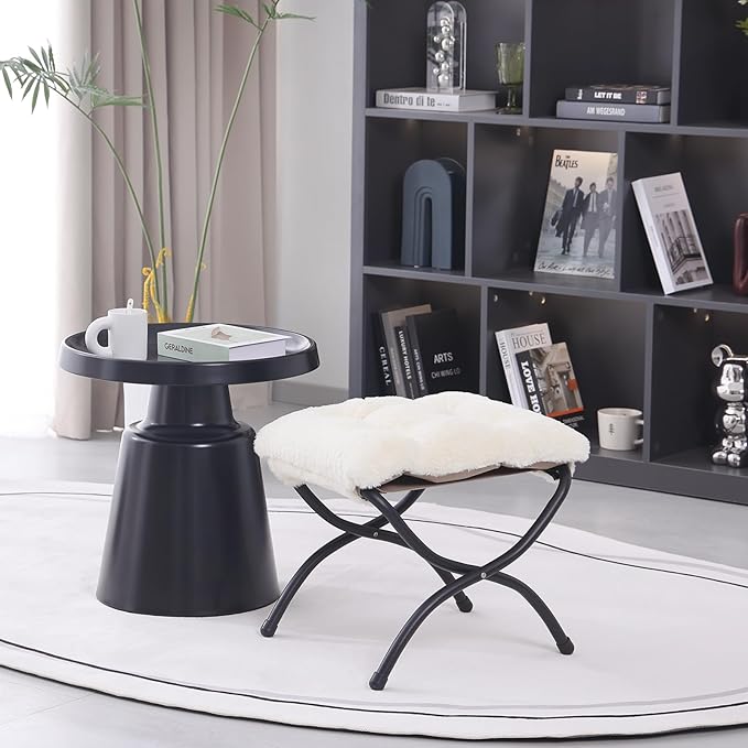 LITA Folding Upholstered Footrest Stool, Modern Small Portable Accent Ottoman with Detachable Thick Cotton Cushion Padded Sofa Stool with Metal Frame for Lazy Chair, Living Room & Bedroom, Plush Beige-DeskLoop Office