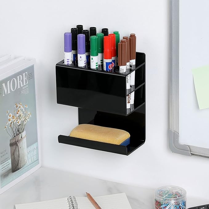 MyGift Wall Mounted Black Premium Acrylic Dry Erase Marker and Eraser Holder Rack with 15 Round Slots and Storage Ledge, Meeting Room Classroom Dorm Office or Home Whiteboard Accessory Rack-DeskLoop Office
