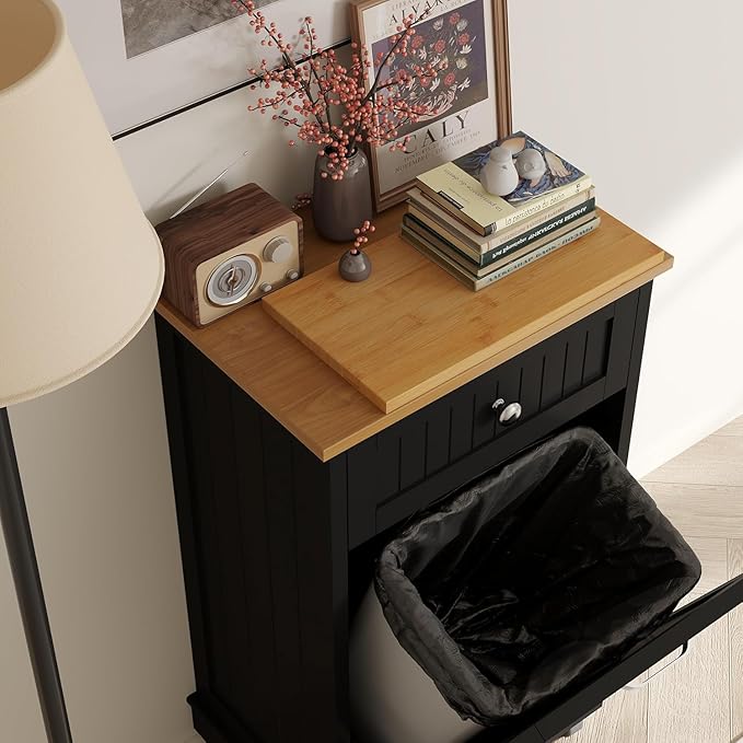 10 Gallon Tilt Out Trash Cabinet, Wooden Kitchen Trash Can Cabinet with Hideaway Drawer, Freestanding Laundry Hamper Garbage Recycling Cabinet on Wheels, Pet Proof, Single, Black-DeskLoop Office