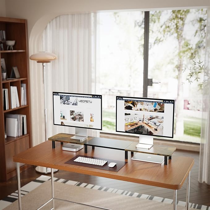 43.7" Extra Long Dual Monitor Stand Riser, Wood & Steel Monitor Stand for 2 Monitors, Wide TV Stand, Desktop Riser for Desk Organization, Home Office、Laptop,Printer,TV (Vintage black)-DeskLoop Office