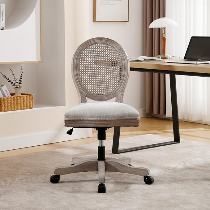 LukeAlon Rattan Back Linen Office Chair, Adjustable Height Swivel Task Chair with Wood Frame Armless Desk Chair with Wheels Upholstered Round Back Vanity Chair for Home Office Study Room, Beige-DeskLoop Office