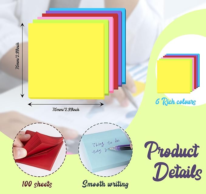 (6 Pack) Sticky Notes Pads,600 Super Adhesive Sticky Notes,3 x 3 Self Sticky Pads,600 Sheets Bulk Notepads,6 Colors Notes Post,Bright Colors Sticky Notepads Easy to Post for Office,Home,School-DeskLoop Office