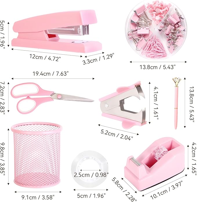 Pink Desk Accessories, Pink Office Supplies Set with Stapler, Tape Dispenser, Staple Remover, Pen Holder, Scissor, Binder/Paper Clips, Ballpoint Pen, Clear Tape and 1000pcs Staples-DeskLoop Office