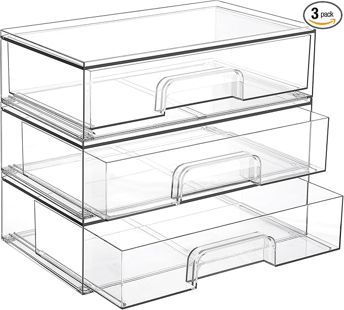 Vtopmart 12.1''W Clear Stackable Storage Drawers,3 Pack Acrylic Plastic Organizers Bins for Makeup Palettes, Cosmetics, and Beauty Supplies,Ideal for Vanity, Bathroom,Cabinet,Desk Organization-DeskLoop Office