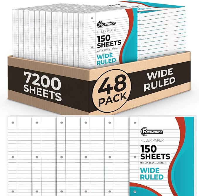 Loose Leaf Paper Bulk, 7200 Sheets, Wide Ruled Sheets, Bulk Notebook Paper, 8" x 10.5", Loose Leaf Papers, 3 Hole Punched for Standard Binders, 48 Pack, 150 Sheets/Pack, Filler-Paper, White-DeskLoop Office