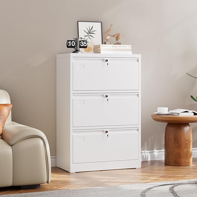 Aobabo 3 Drawer Wide Lateral File Cabinet, Metal Filing Cabinet with Lock, Suitable for Home Office School Hanging Files Letter/Legal/F4/A4 Size,White,Required-Assembly,15.87" D x 28.94" W x 43.62" H-DeskLoop Office