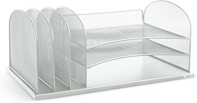 Safco Onyx Desk Organizer with 3 Horizontal and 3 Upright Trays, Durable Steel Construction, Silver-DeskLoop Office