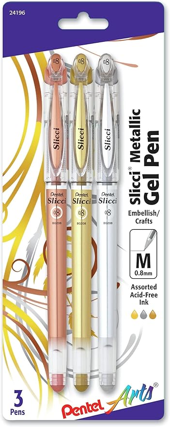 Pentel Arts Slicci Metallic 0.8 mm Needle Tip Gel Pen, Assorted Colors, 3 Pack (BG208BP3M)-DeskLoop Office