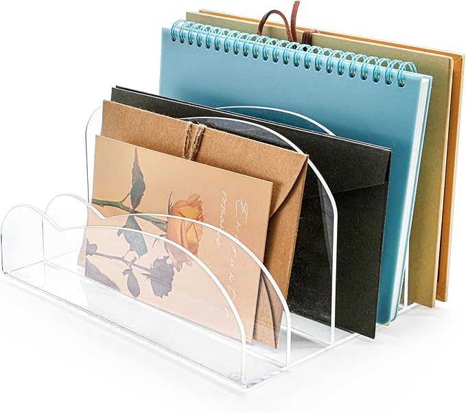 Suwimut Acrylic File Holder 5 Sections, 8.5 x 6.8 x 4.7 Inch Upright File Organizer for Desk, Clear Desktop Folder Holder Mail Letter Sorter for Home Office School Envelope Bill Filling Paper Document-DeskLoop Office