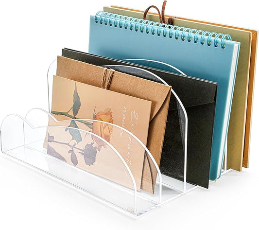 Suwimut Acrylic File Holder 5 Sections, 8.5 x 6.8 x 4.7 Inch Upright File Organizer for Desk, Clear Desktop Folder Holder Mail Letter Sorter for Home Office School Envelope Bill Filling Paper Document-DeskLoop Office