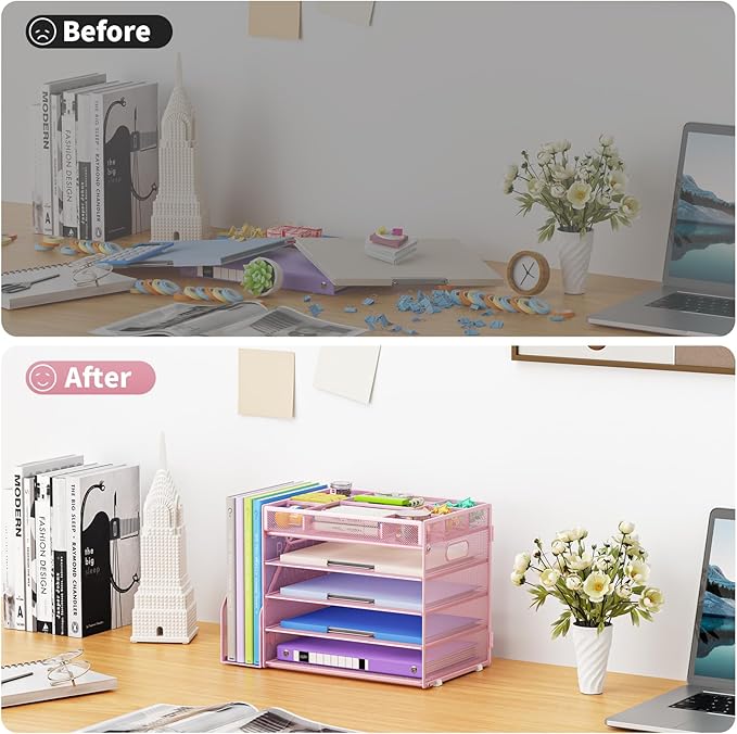 Marbrasse 5-Tier Desk Organizer with File Holder,Paper Letter Tray Organizer,Desktop File Organizer with Adjustable Compartments,Mesh Desk Organizers and Accessories for Office Supplies,Pink-DeskLoop Office