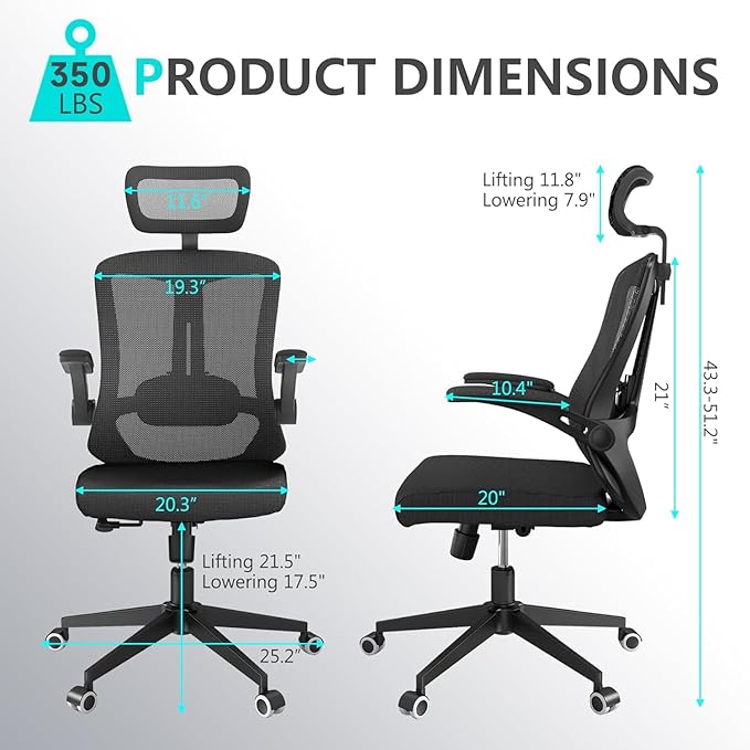 Comfy Office Chair, Home Ergonomic Desk Chairs, High Back Gaming Mesh Computer Chair with Wheels, Lumbar Support, Adjustable Headrest, Flip-up Armrest 350LBS Capacity-DeskLoop Office