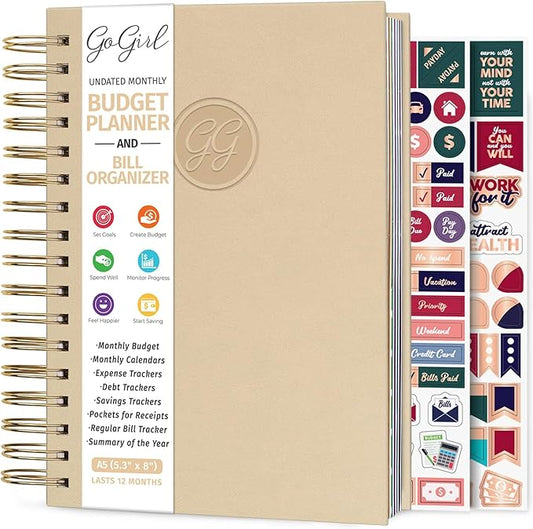 GoGirl Budget Planner & Monthly Bill Organizer – Monthly Financial Book with Pockets. Expense Tracker Notebook Journal, Compact (Seashell)-DeskLoop Office