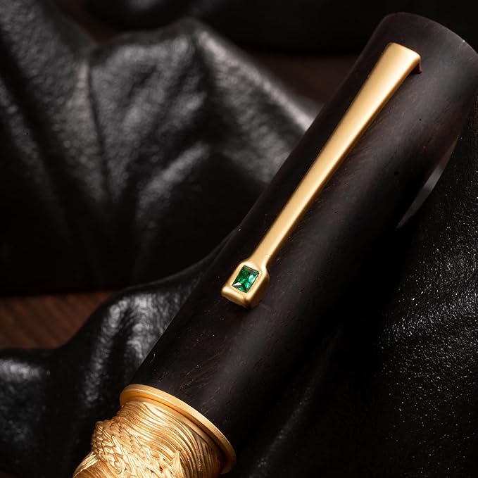 Hongdian N24 Fountain Pen Extra Fine Nib, Golden Dragon Stereoscopic Carving with Red Wood Design-DeskLoop Office