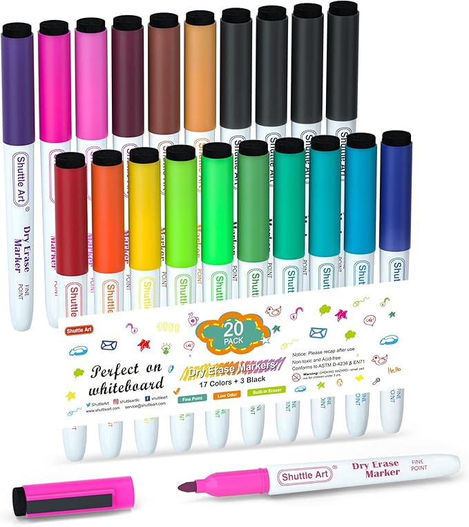 Shuttle Art Dry Erase Markers, 20 Pack 17 Colors Whiteboard Markers,Bundled with 3 Extra Black,Fine Tip Dry Erase Markers for Kids,Perfect for Writing on Dry-Erase Surfaces,School Office Supplies-DeskLoop Office