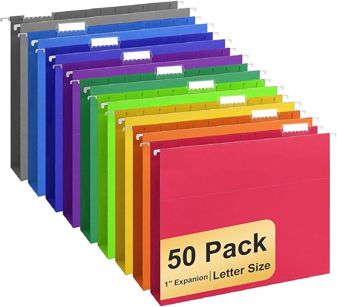 Hanging File Folders, 50 Pack Letter Size Hanging File folders with 1/5-cut Tabs, Stay Organized for Your Home and Office Bulk File, Documents and Paper, 10 Colors-DeskLoop Office