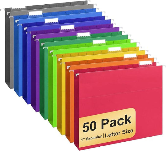 Hanging File Folders, 50 Pack Letter Size Hanging File folders with 1/5-cut Tabs, Stay Organized for Your Home and Office Bulk File, Documents and Paper, 10 Colors-DeskLoop Office
