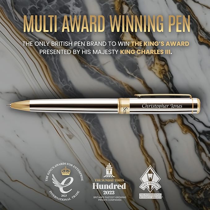 Scriveiner Personalized Silver Chrome Ballpoint Pen - Stunning Luxury Pen, Real Gold Plating, Schmidt Ink Refill, Best Engraved Ball Point Gift Set for Men & Women, Custom Name Engraving-DeskLoop Office