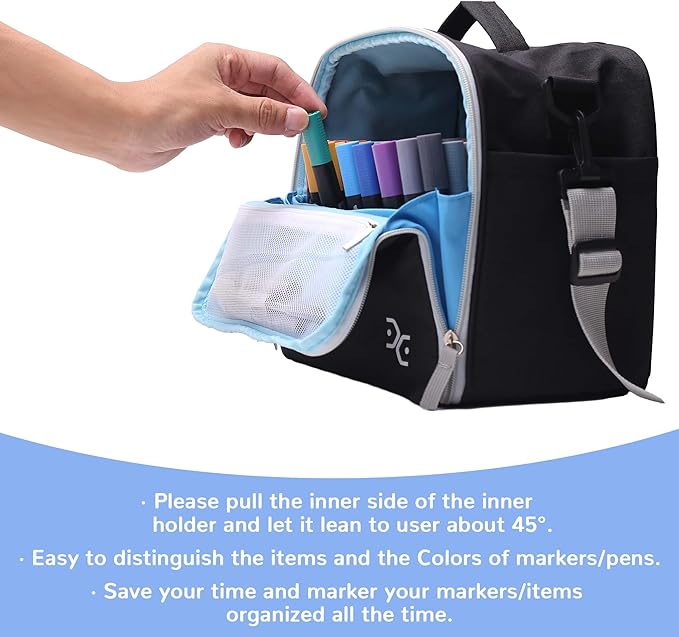 Large Storage Tote Bag for Markers, Brush Pens, Coloring Pencils, Books, Art & Craft Supplies, Tools, Cosmetics - Up to 130 Pens, Black-DeskLoop Office