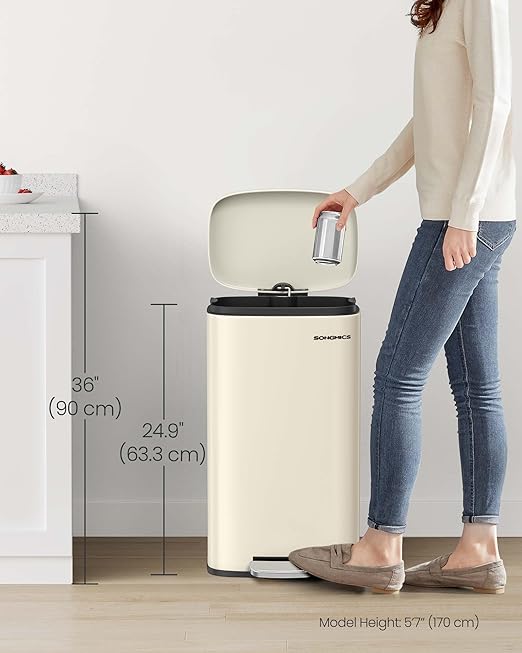 SONGMICS Trash Can with Lid, 8 Gallon Garbage Can, Stainless Steel Small Waste Bin with Step Pedal and Inner Bucket, Soft Close, Kitchen, Sand Beige ULTB003A01-DeskLoop Office