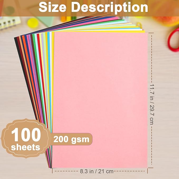 100 Sheets Colors Cardstock Craft Paper, 20 Assorted Colors 75lb Art Projects Card Stock A4 Colored Paper for DIY Cards, Birthday Decorations, School, Party-DeskLoop Office