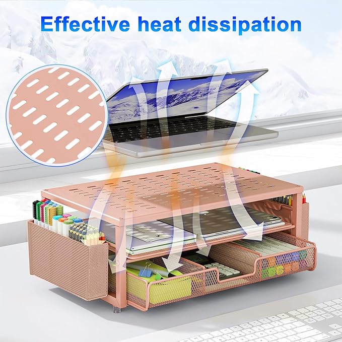 gianotter Desk Organizers and Accessories, Monitor Stand with Drawer and 2 Pen Holder, Desktop Organizer Suitable for Offices and Dormitories (Rose Gold)-DeskLoop Office