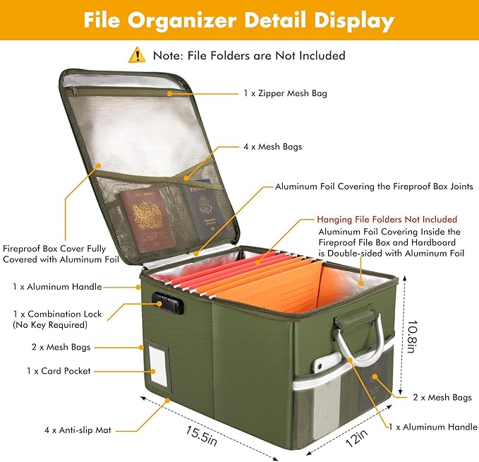 TOMKID 5200°F Fireproof Document Box, Fire Important Document Organizer with Lock, Upgraded Heat Insulated Filing Storage Cabinet Office Organization (5200°F Fireproof Box, Green)-DeskLoop Office