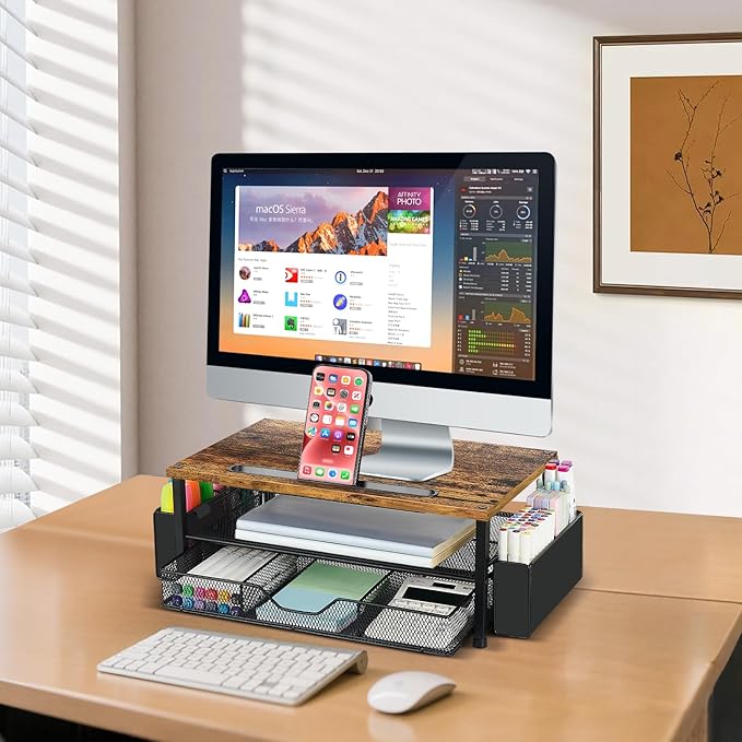 Wood Desk Organizers and Accessories, 2-Tier Computer Monitor Stand Riser with Drawer, Pen Storage & Phone Holder, Office Desk Accessories, Workspace Desktop Organization for Office Supplies(Brown)