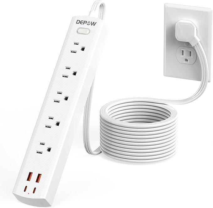 10 Ft Ultra Thin Extension Cord, 5-Outlet Power Strip Surge Protector with 4 USB Ports (2 USB C), 1875W/15A, Low Profile Flat Plug, 1700 Joules, Wall Mount for Home Office, White-DeskLoop Office