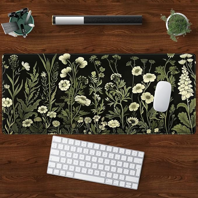 Floral Green Plant Mouse Pad Aesthetic Vintage Desk Pad Black Extended Mouse Pad Large Desk Mat for Desktop Keyboard Pad and Office Home Work Mouse Pad XXL Laptop Computer Mat 31.5 X 11.8 in-DeskLoop Office