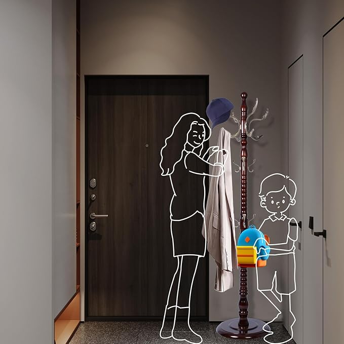 Coat Racks FreeStanding with 14 Hooks, Natural Wood Coat Rack with Solid Round Base, Adjustable Height Coat Racks, Easy Assembly for Hallway, Bedroom and Office (Reddish Brown-Metal Hook)-DeskLoop Office