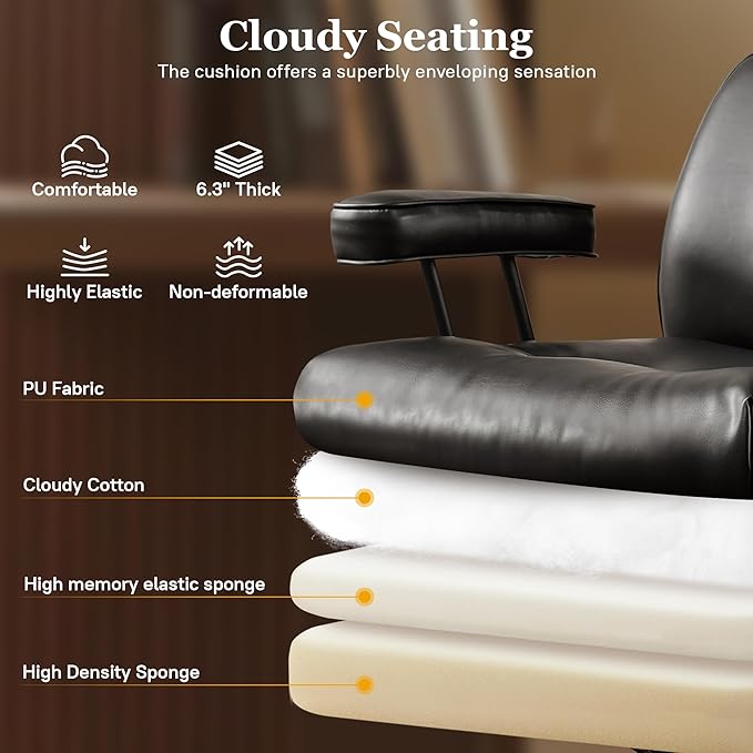 Mid Century Modren Big and Tall Office Chair,Large Ergonomic Executive Chair for Heavy Duty People, Computer Desk Task Chair with Wheels, Faux Lether Fabric Wide Chair for Home Sturdy,Black-DeskLoop Office