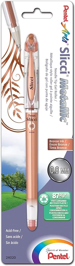 Pentel Arts Slicci Metallic 0.8 mm Needle Tip Gel Pen, Metallic Bronze Ink, 1 Pack (BG208BPME)-DeskLoop Office