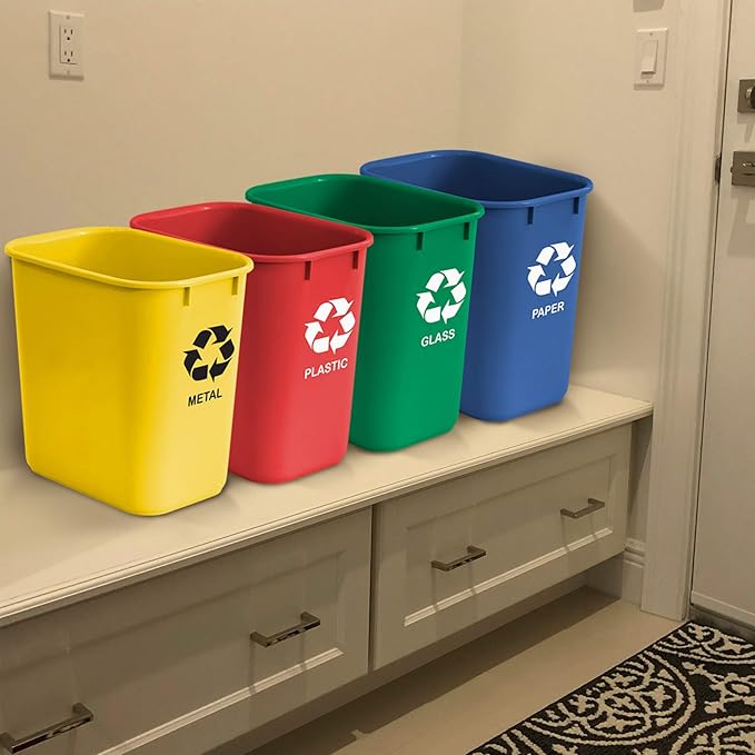 Acrimet Wastebasket Bin for Recycling, 6.75 Gallon/ 27 Quart/ 25.552 Liter (Made of Plastic) (Metal/Yellow, Paper/Blue, Glass/Green, Plastic/Red) (Set of 4)-DeskLoop Office