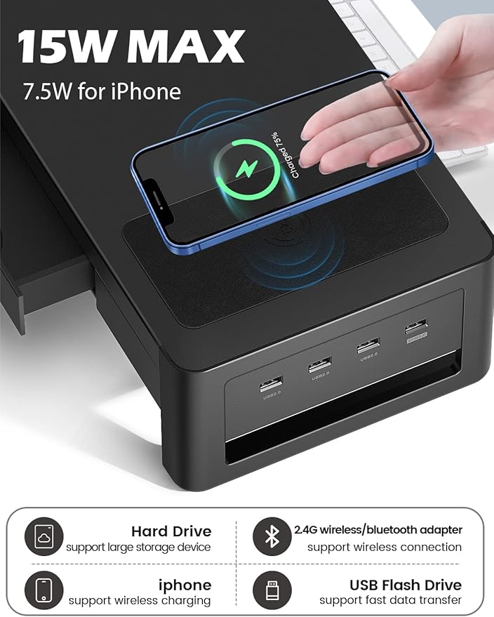 meatanty Dual Monitor Stand Riser with 2 Drawers,4 USB Ports and Charging Pad,Metal Monitor Stand for 2 Monitors Supports Transfer Data and Charging,Desk Organizer for PC,iMac(38.7 inches)-DeskLoop Office