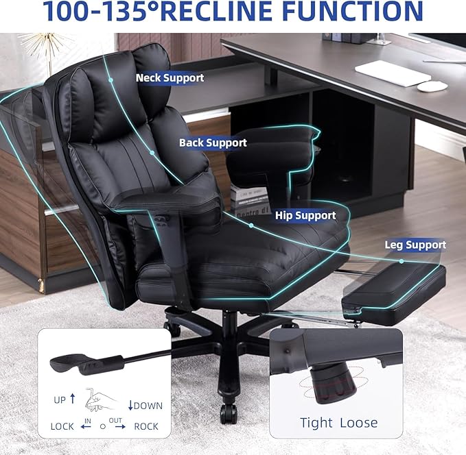 Big and Tall Office Chair 500lbs Wide Seat Executive Office Desk Chair High-Back Office Task Chair with Foot Rest, Ergonomic Lumbar Support Computer Office Chairs for Heavy People(Black)-DeskLoop Office