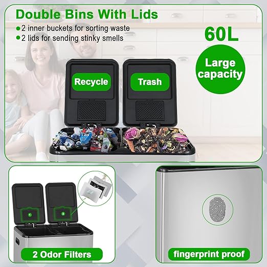 PayLessHere Trash Can, 16 Gallon (2x8G) 60 Liter Rectangular Trash Cans Stainless Steel Step Trash Can with Inner Buckets and Hinged Lids, Suitable for Kitchen Office Home Use,Silver-DeskLoop Office