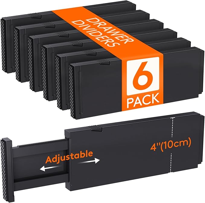 Lifewit 6 Pack Drawer Dividers 4" High, 11-17" Adjustable Drawer Organizers for Clothes, Expandable Dresser Separators in Bedroom/Bathroom/Kitchen/Fridge/Office Organization and Storage, Black-DeskLoop Office