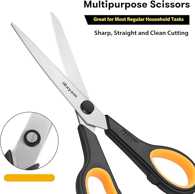 Scissors All Purpose, iBayam 8" Heavy Duty Scissors Bulk 3-Pack, 2.5mm Thickness Ultra Sharp Blade Shears with Comfort-Grip Handles for Office Home School Sewing Fabric Craft Supplies, Right/Left Hand-DeskLoop Office
