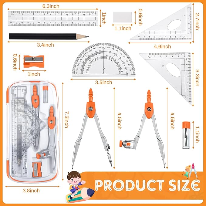 Teling 12 Sets Math Geometry Kit for Students 10 Pcs Compass Geometry Tools Set Includes Rulers Protractor Compass Eraser Pencil Sharpener Lead Refills Pencil (Orange)-DeskLoop Office