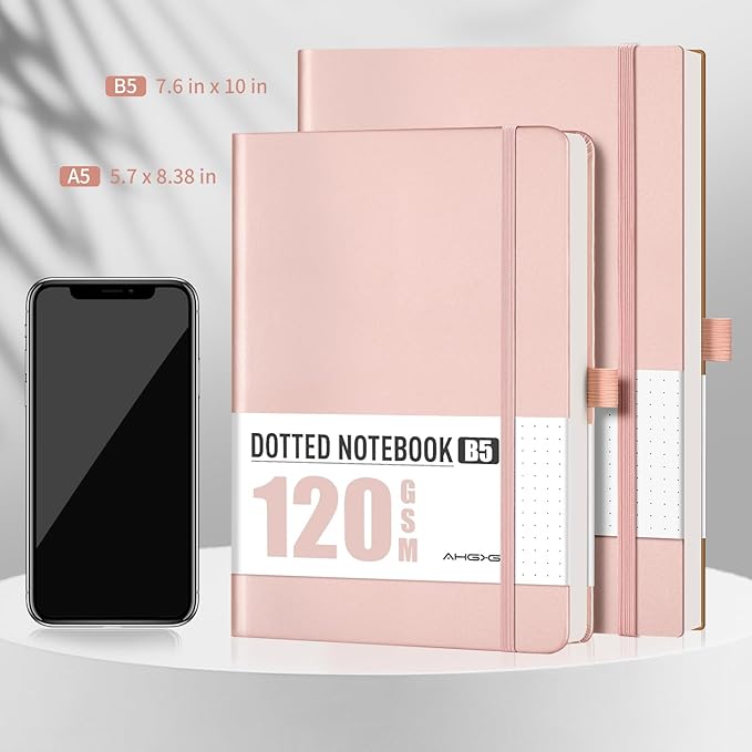 AHGXG Bullet Dotted Journal - Dot Grid Notebook Journal, 120 GSM Thick Acid-Free Paper, Large B5 Dotted Notebook 96 Pages, Leather Softcover, Inner Pocket, Journal Stencil, 7.6'' X 10'' - Rose Gold-DeskLoop Office