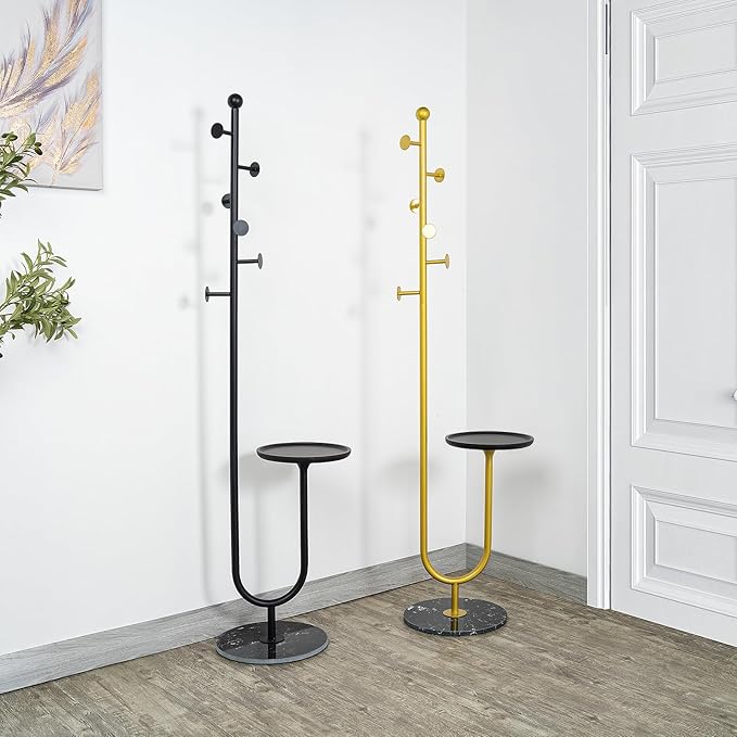 Coat Rack Stand, Metal Coat Tree with Bamboo Tray & 6 Hooks, Heavy Duty Marble Base Corner Coat Stand for Bedroom Hallway Entryway Living Room Office 13.78 x 13.78 x 68.11 Inches (Black)-DeskLoop Office