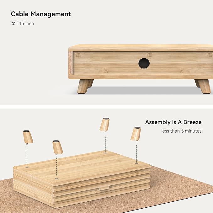 Bamboo Monitor Stand with Drawer - Desk Organizer with Cable Management & Storage, Ergonomic Laptop Riser for Home Office (220lbs Capacity, 15.7 inch ,Natural)-DeskLoop Office