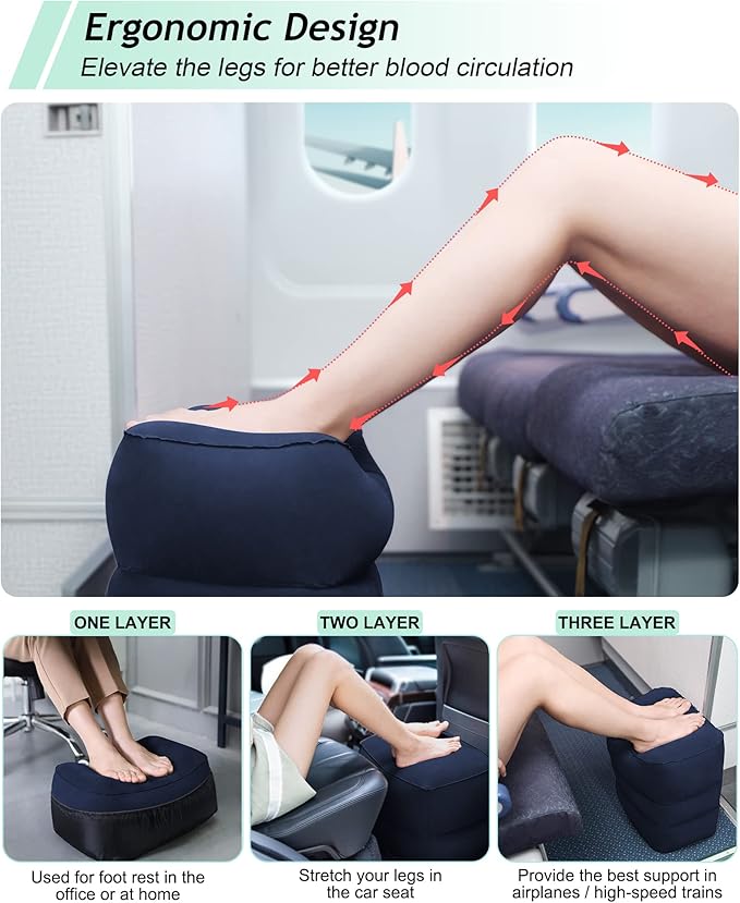 JefDiee Inflatable Travel Foot Rest Pillow, Kids Airplane Bed, Adjustable 3 Layers Height Leg Rest Pillow, Adults Travel Essentials Great for Airplane, Office, Home, Trains, Cars (Blue)-DeskLoop Office