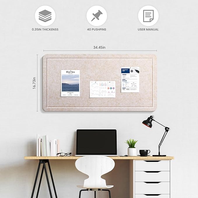 Large Bulletin Board, 35 X 17 Inches Felt Cork Board with 40 Pushpins, Foldable Felt Notice Pin Board Photo Display Board with Self-Adhesive Tape for Office Home School-DeskLoop Office