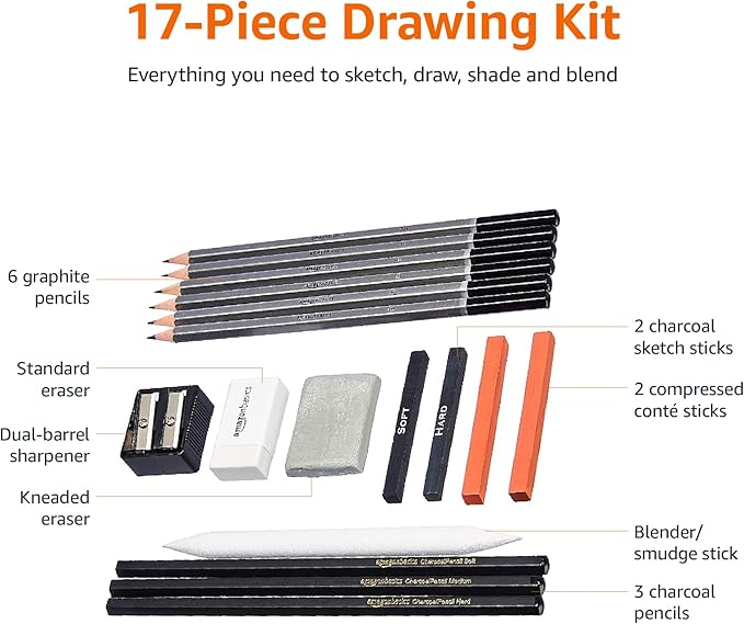 Amazon Basics Sketching and Drawing Art Pencil Kit, Artist Supplies with Pencils, Erasers, Sharpener, Charcoal, Black, White, 17 Piece Set-DeskLoop Office