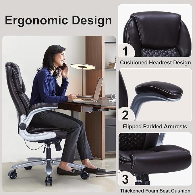 Home Office Chair, Executive Comeputer Desk Chair Ergonomic Office Chair with Adjustable Lumbar Support, Tilt Lock, PU Leather, Swivel Rolling Chair for Gaming Adult Working Study-Brown-DeskLoop Office
