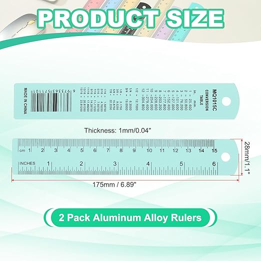 PATIKIL 15cm/6" Metal Ruler, 2 Pack Aluminum Alloy Rulers with Centimeters, Millimeters, Inches and Conversion Table Straight Edge Ruler for Writing Machinist Drafting, Blue Green-DeskLoop Office