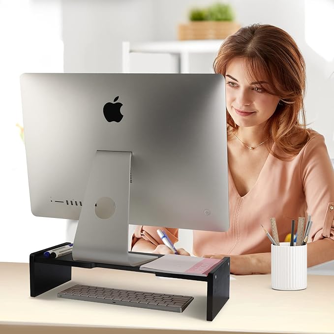 KINLINK Solid Wood Monitor Stand Riser, Monitor Riser with 2 Adjustable Height, 15.8 inch Computer Riser for Computer, iMac, PC, Printer, Computer Monitor Stand for Home & Office, Black-DeskLoop Office